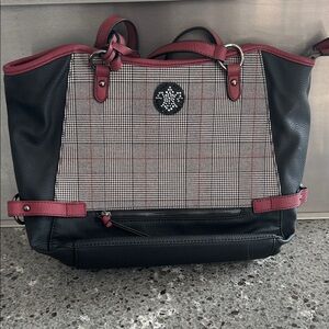 Rieker Black Plaid Tote with Burgundy Trim